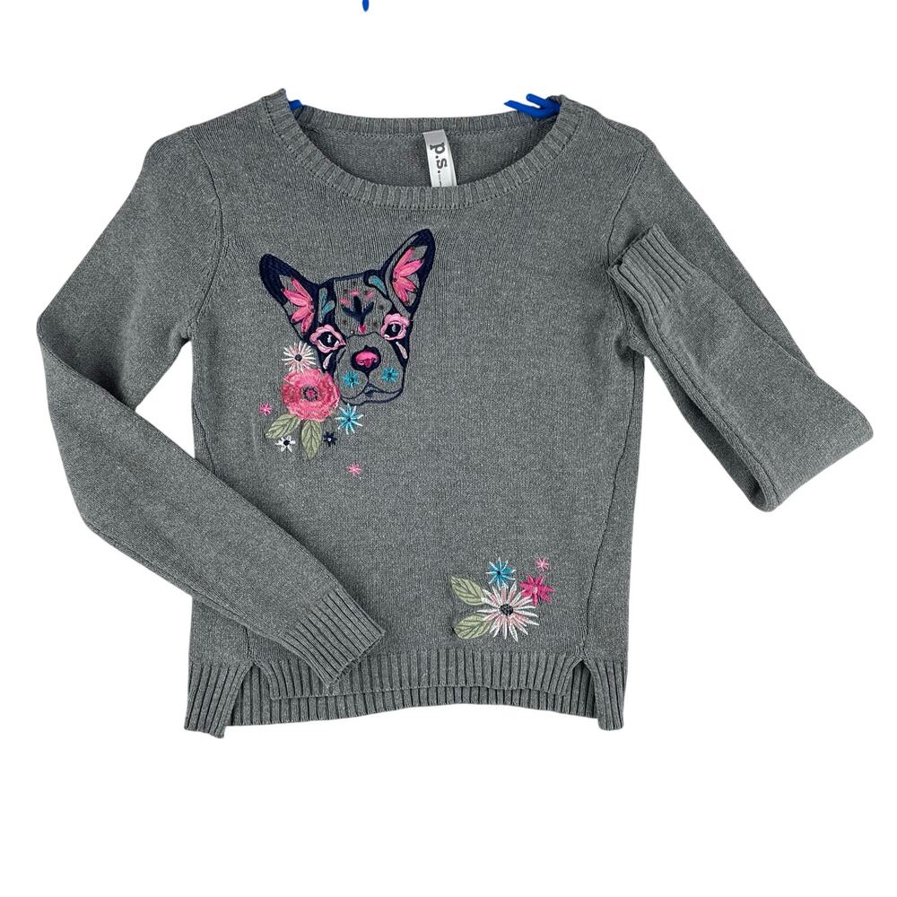PS From Aeropostale Girls French Bulldog Sweater SZ  S Gray Floral Embroidered
